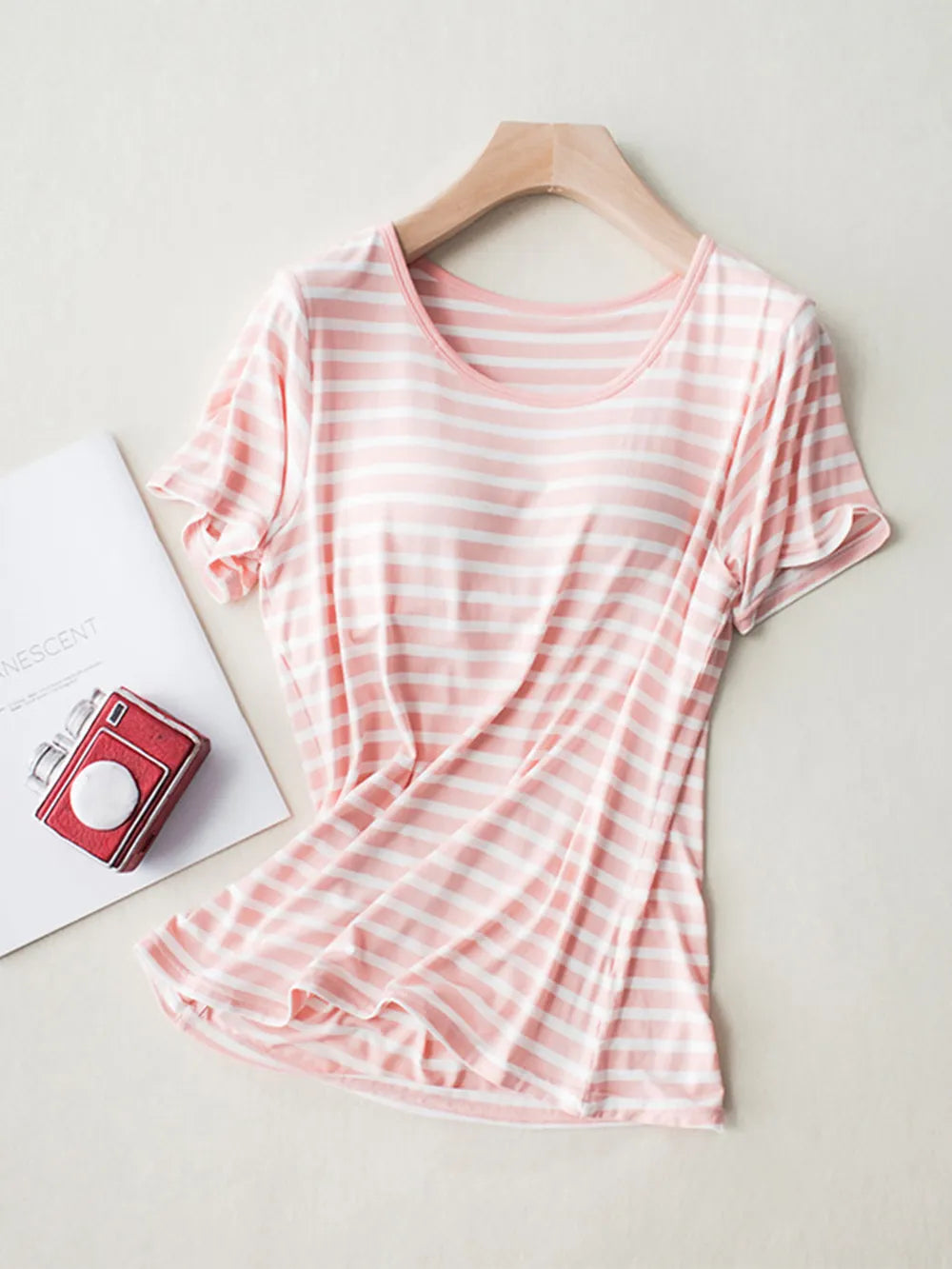 Striped Round Neck Short Sleeve T-Shirt with Bra