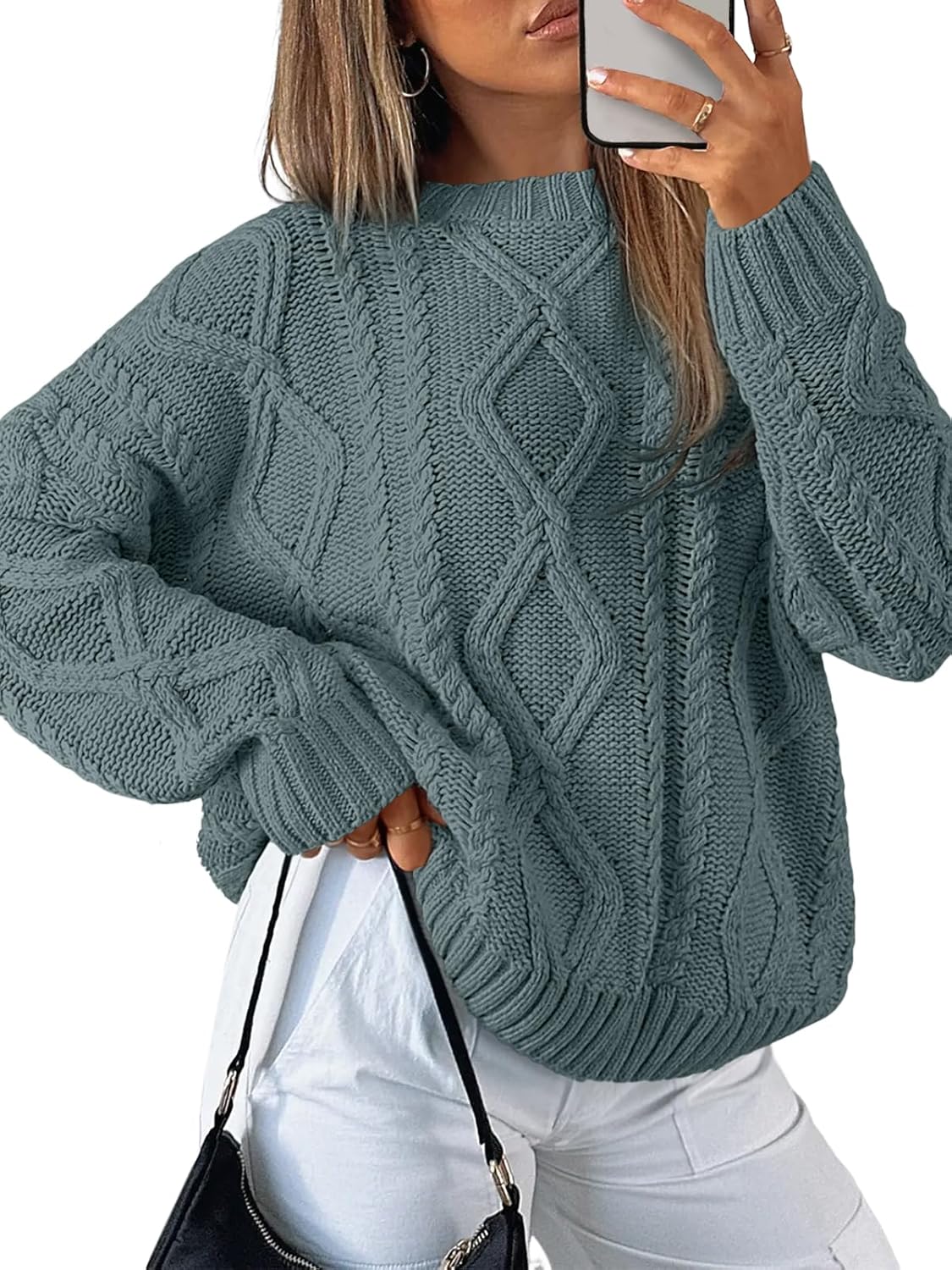 Trendy Queen Women's Oversized Cable Knit Crewneck Sweaters