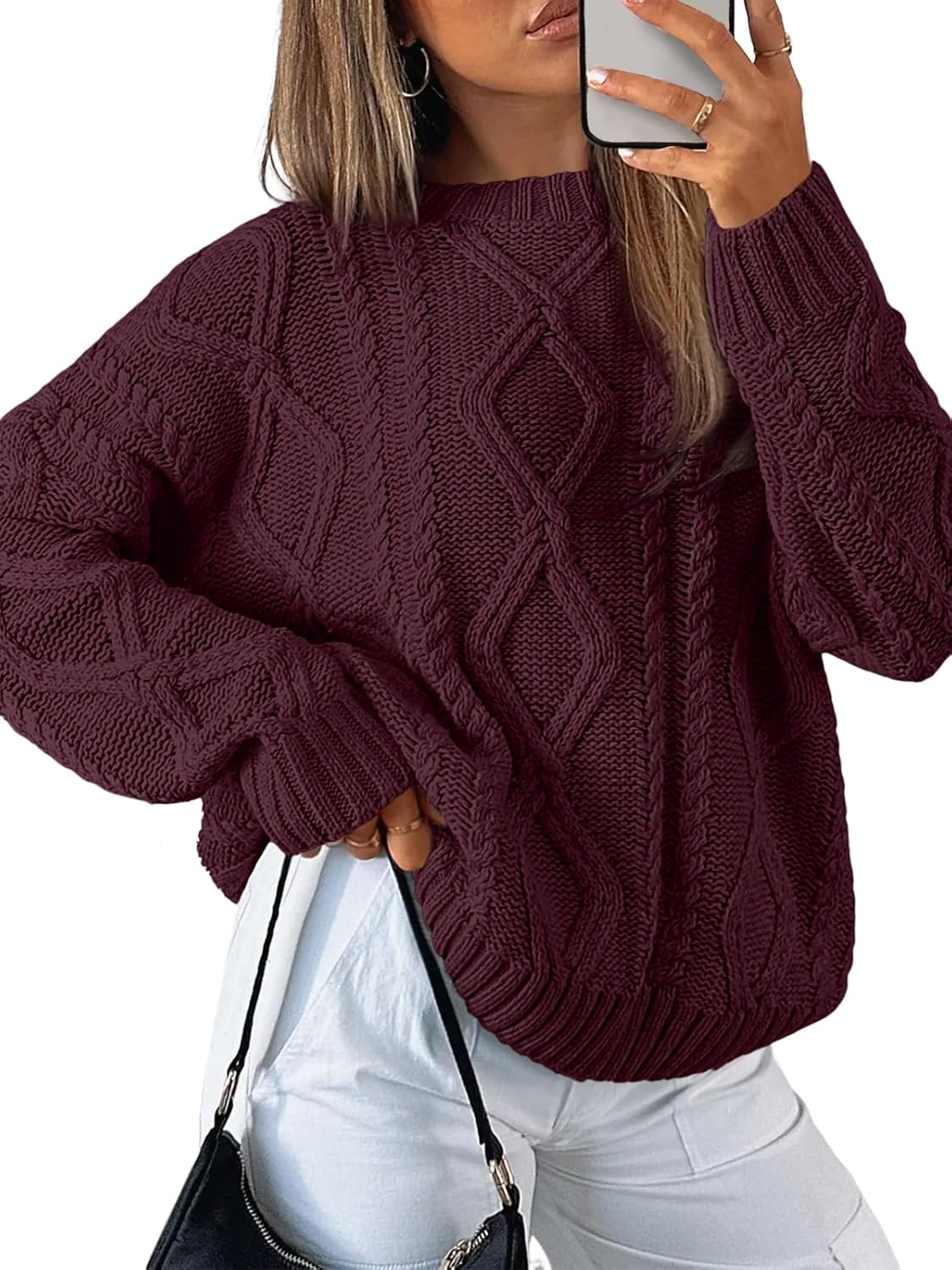 Trendy Queen Women's Oversized Cable Knit Crewneck Sweaters