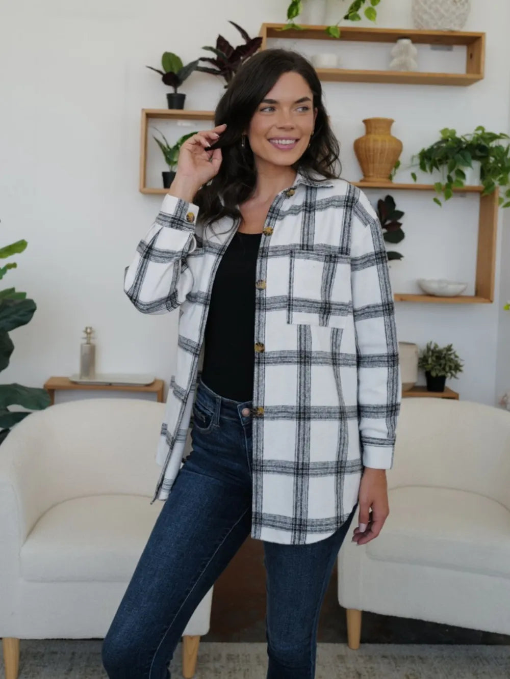 Plaid Collared Neck Long Sleeve Shacket