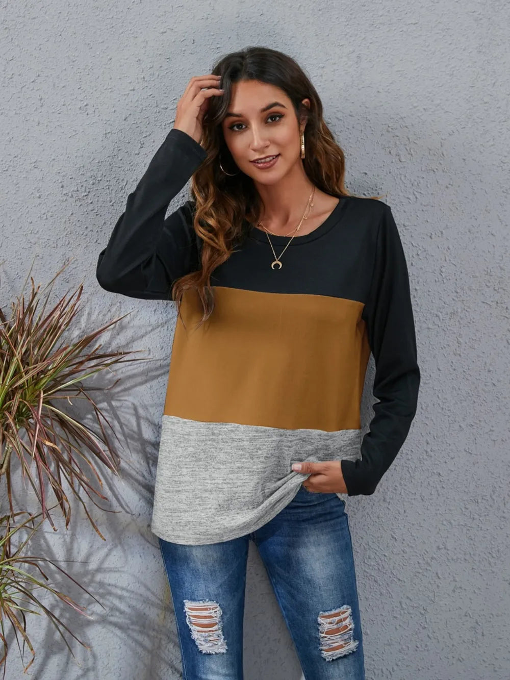 Color Block Round Neck Long Sleeve T-Shirt