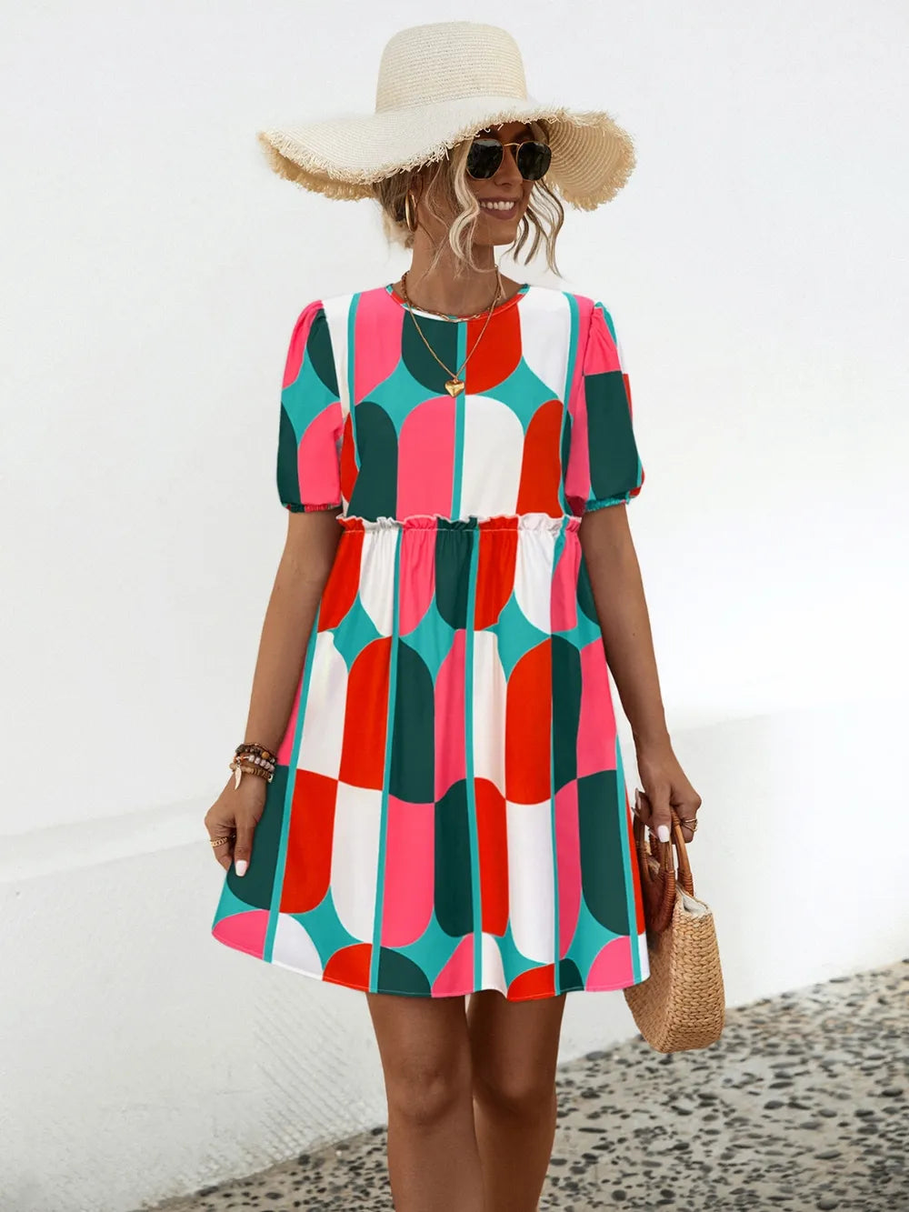 Geometric Frill Round Neck Short Sleeve Dress