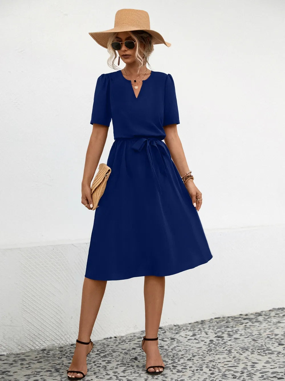 Tied Notched Short Sleeve Dress