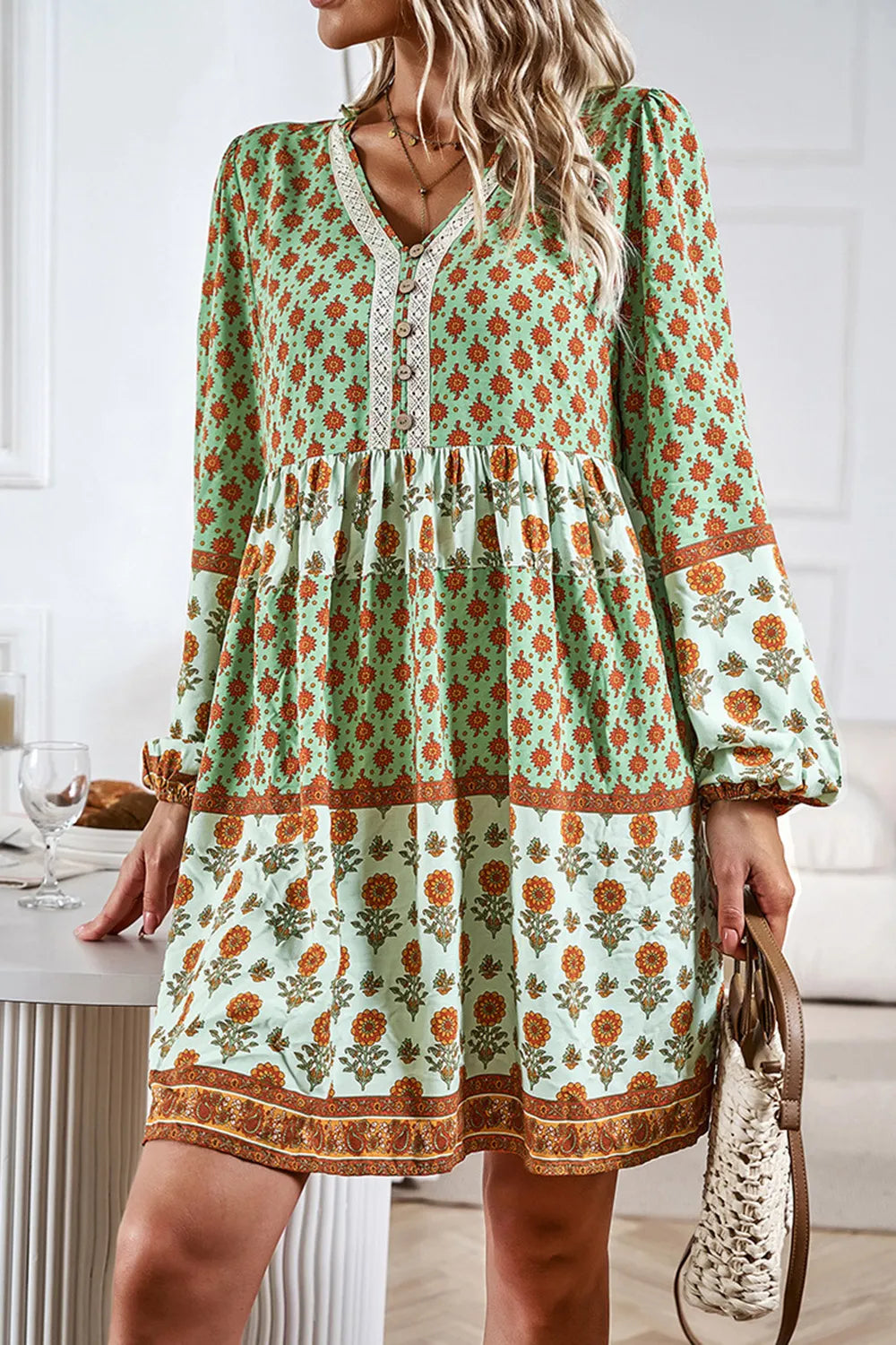 Printed V-Neck Long Sleeve Dress