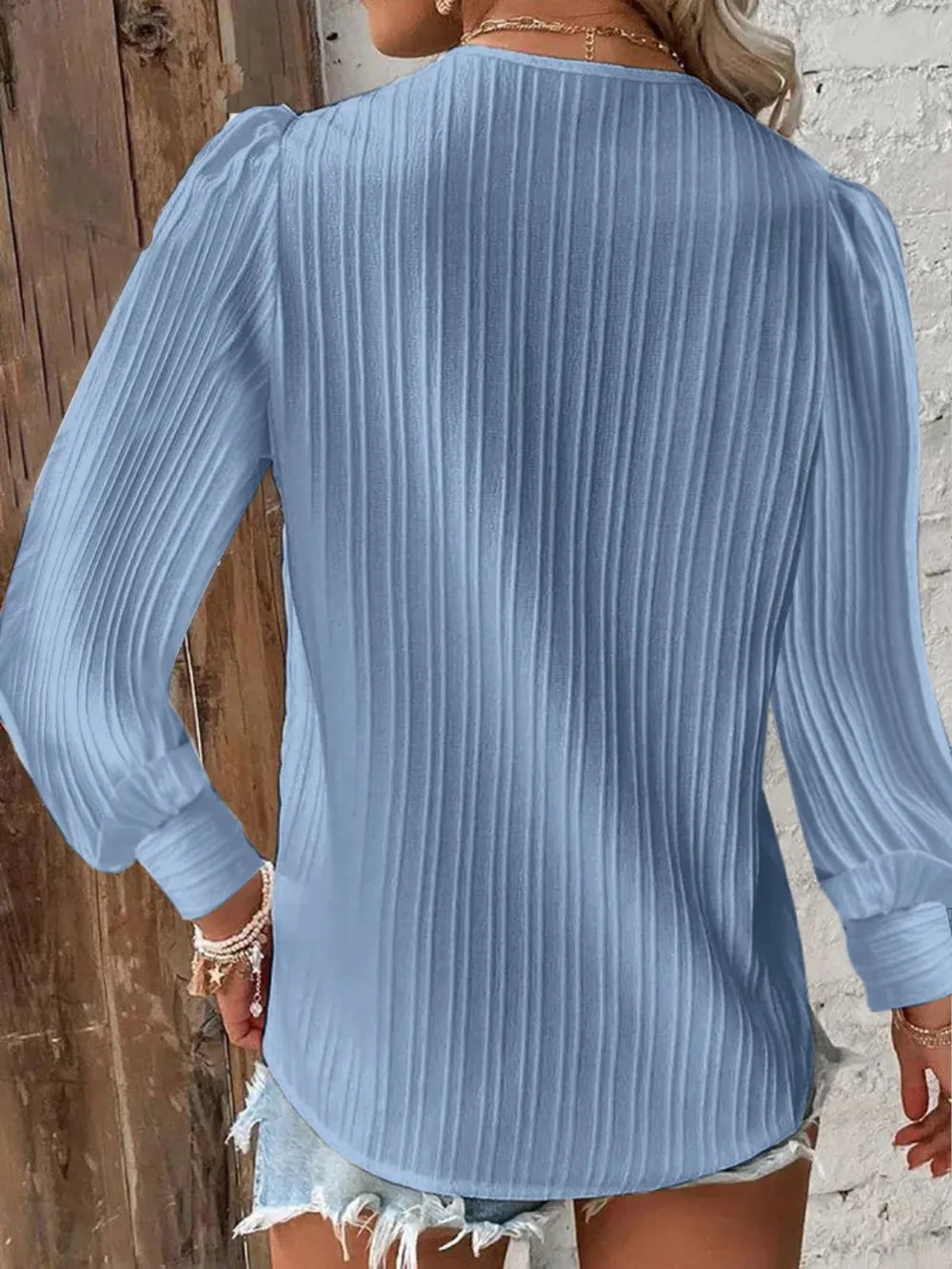 Textured V-Neck Long Sleeve Blouse