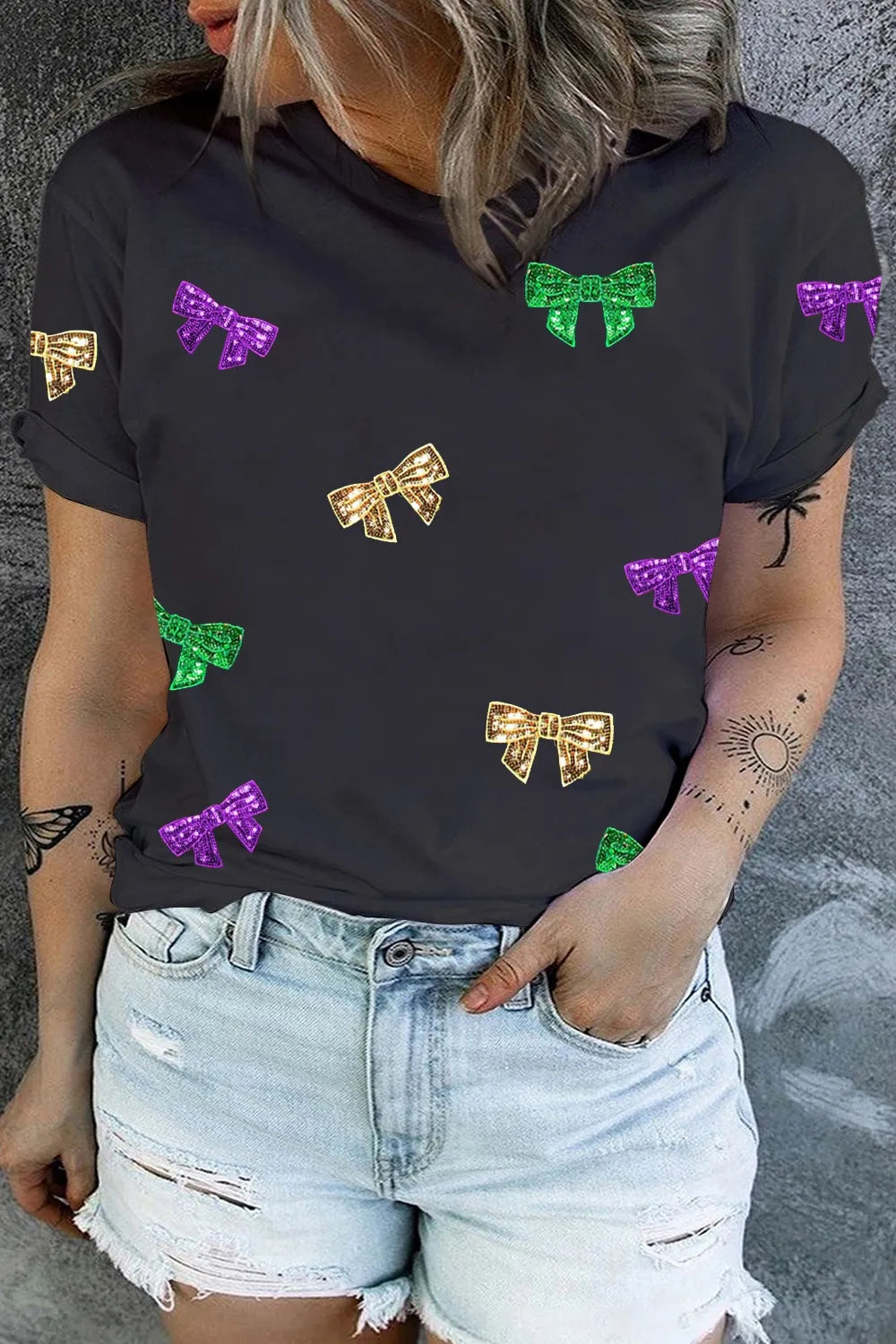 Plus Size Sequin Bow Print Short Sleeve T-Shirt