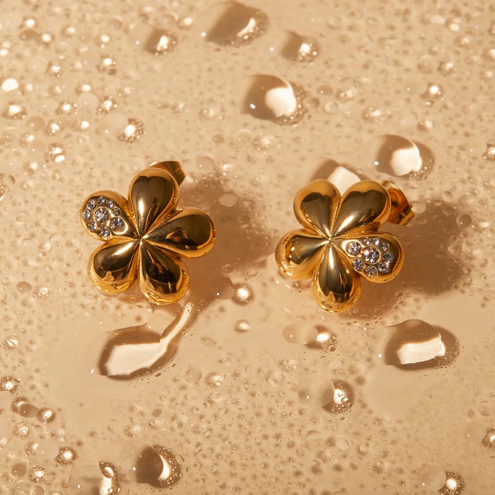 Inlaid Zircon Stainless Steel Flower Earrings