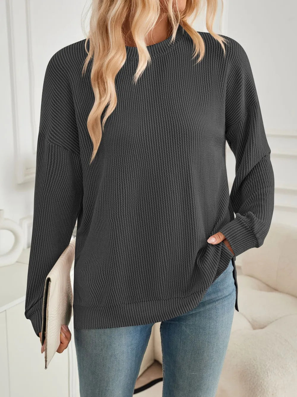 Slit Round Neck Long Sleeve Sweatshirt