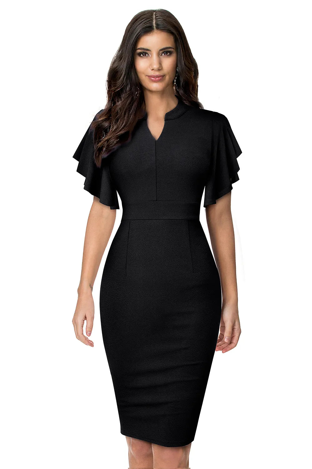 Notched Neck Flutter Sleeve Pencil Dress