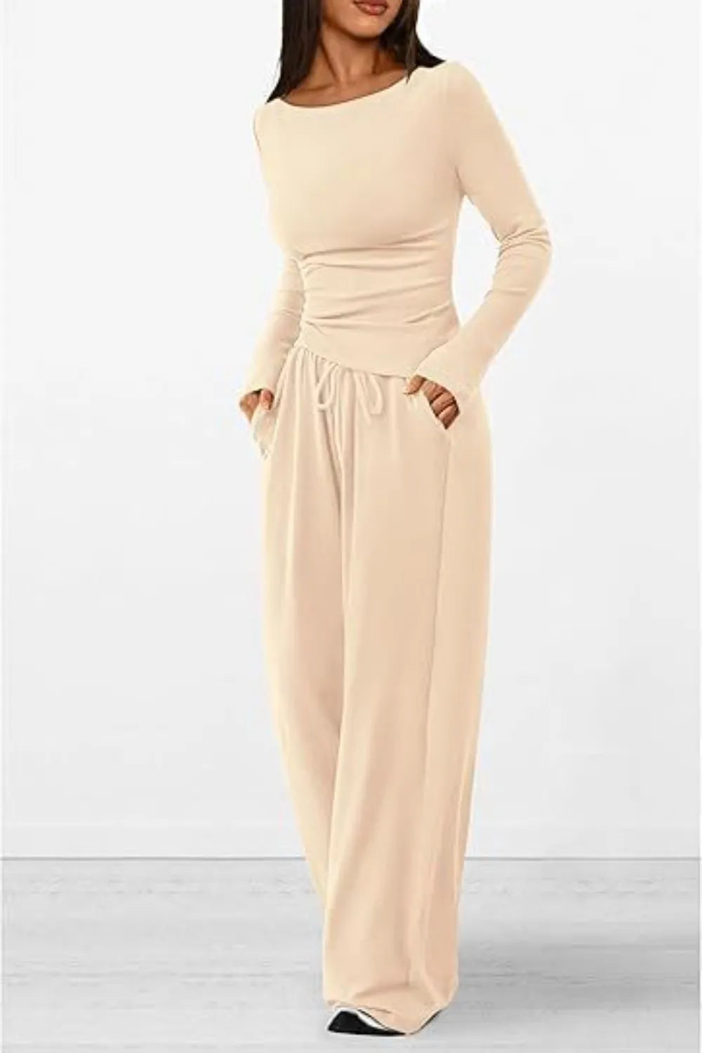 Round Neck Long Sleeve Top and Pants Set