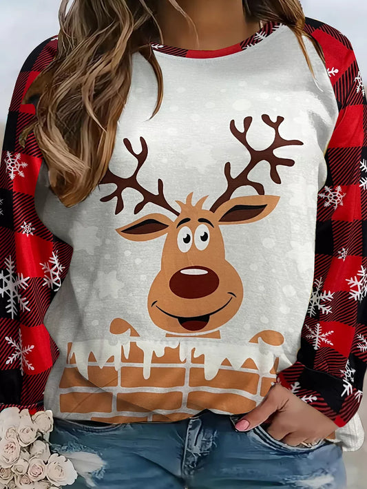 Plus Size Reindeer Graphic Round Neck Long Sleeve T-Shirt