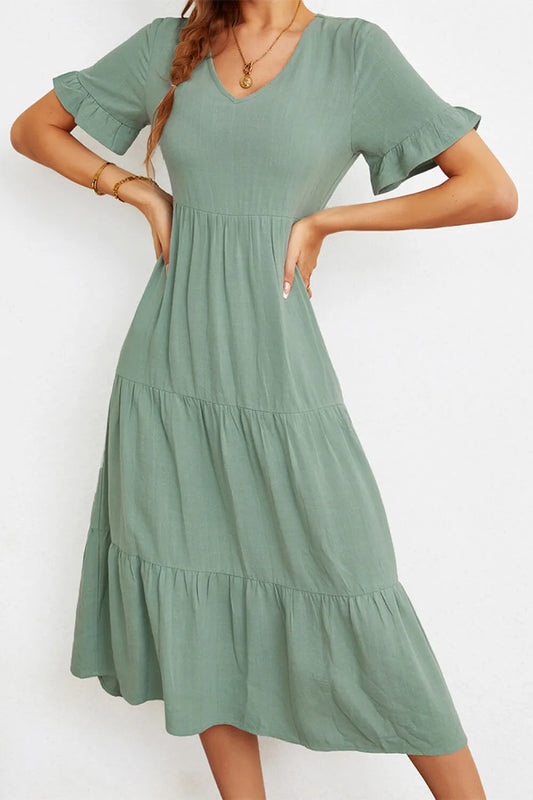 Short Sleeve V-Neck Tiered  Dress