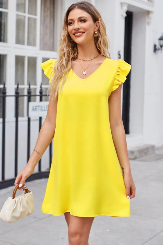 Ruffled V-Neck Flutter Sleeve Dress