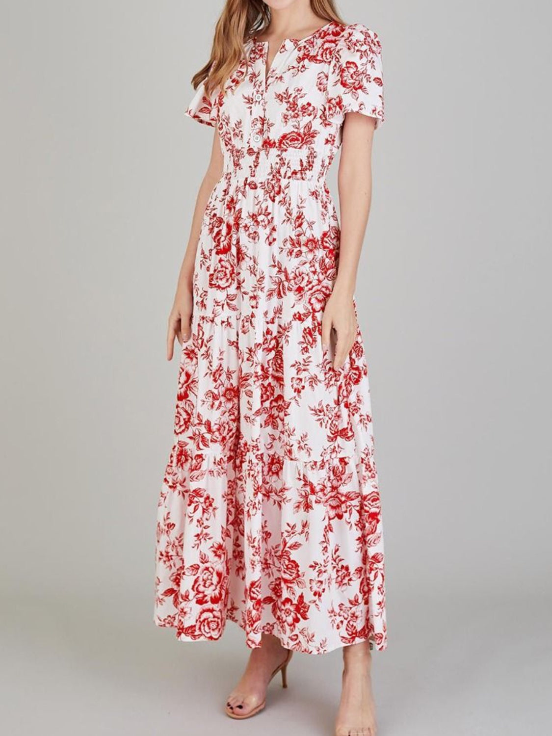 Tiered Floral Notched Short Sleeve Dress