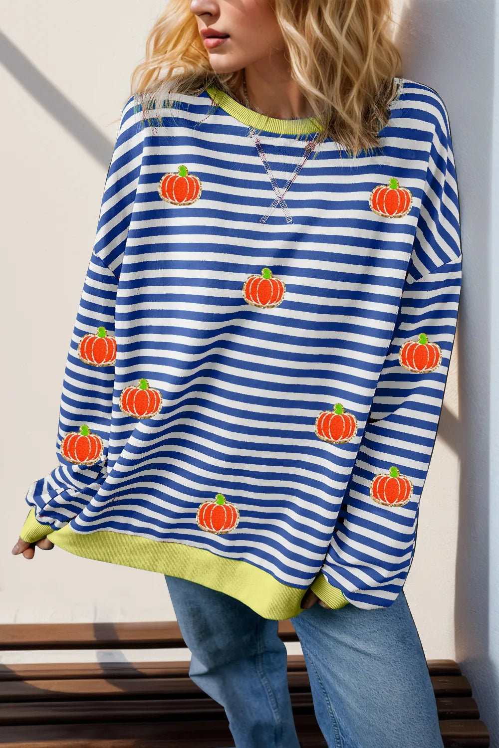 Double Take Full Size Pumpkin Pattern Striped T-Shirt