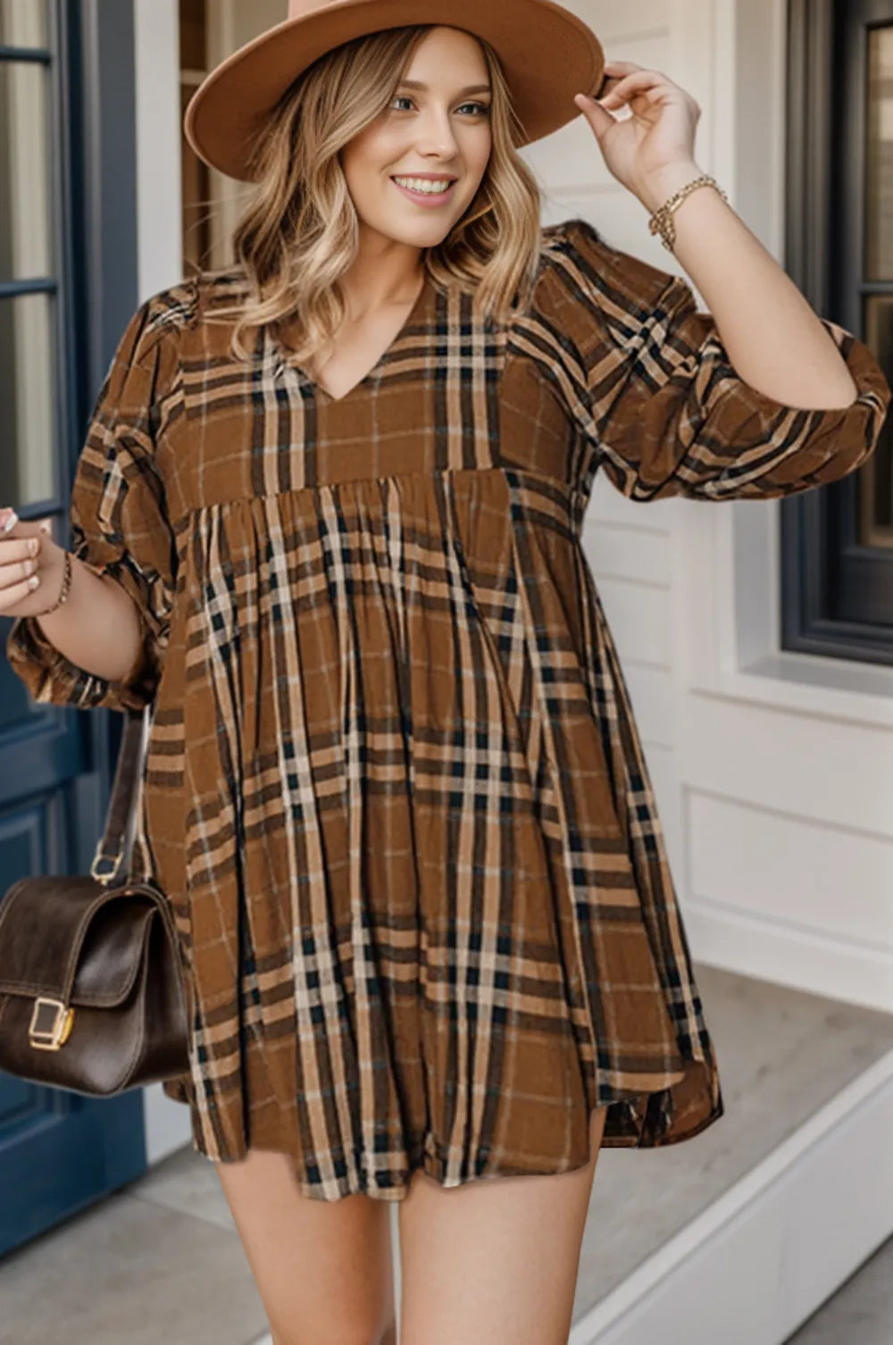 Plus Size Plaid V-Neck Balloon Sleeve Mini Dress