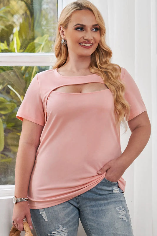 Plus Size Cutout Round Neck Short Sleeve Tee