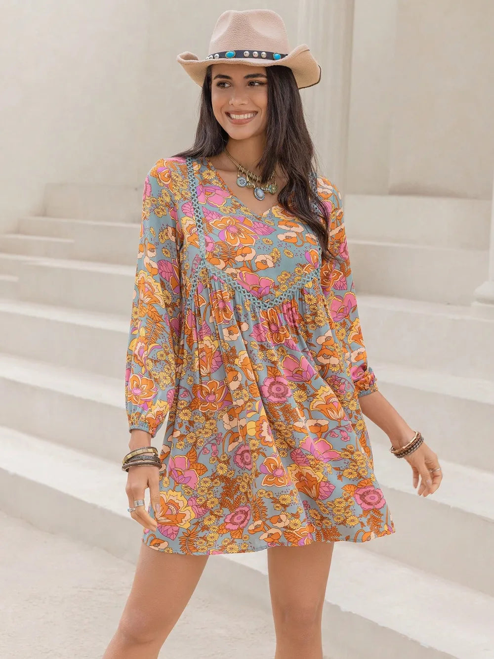 Printed V-Neck Balloon Sleeve Mini Dress