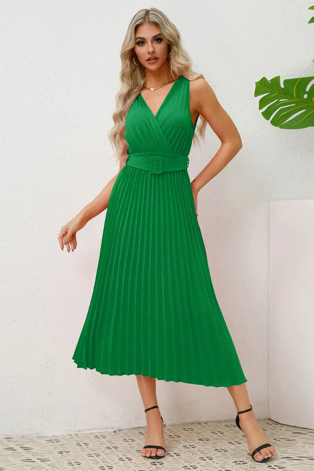 Surplice Sleeveless Midi Pleated Dress