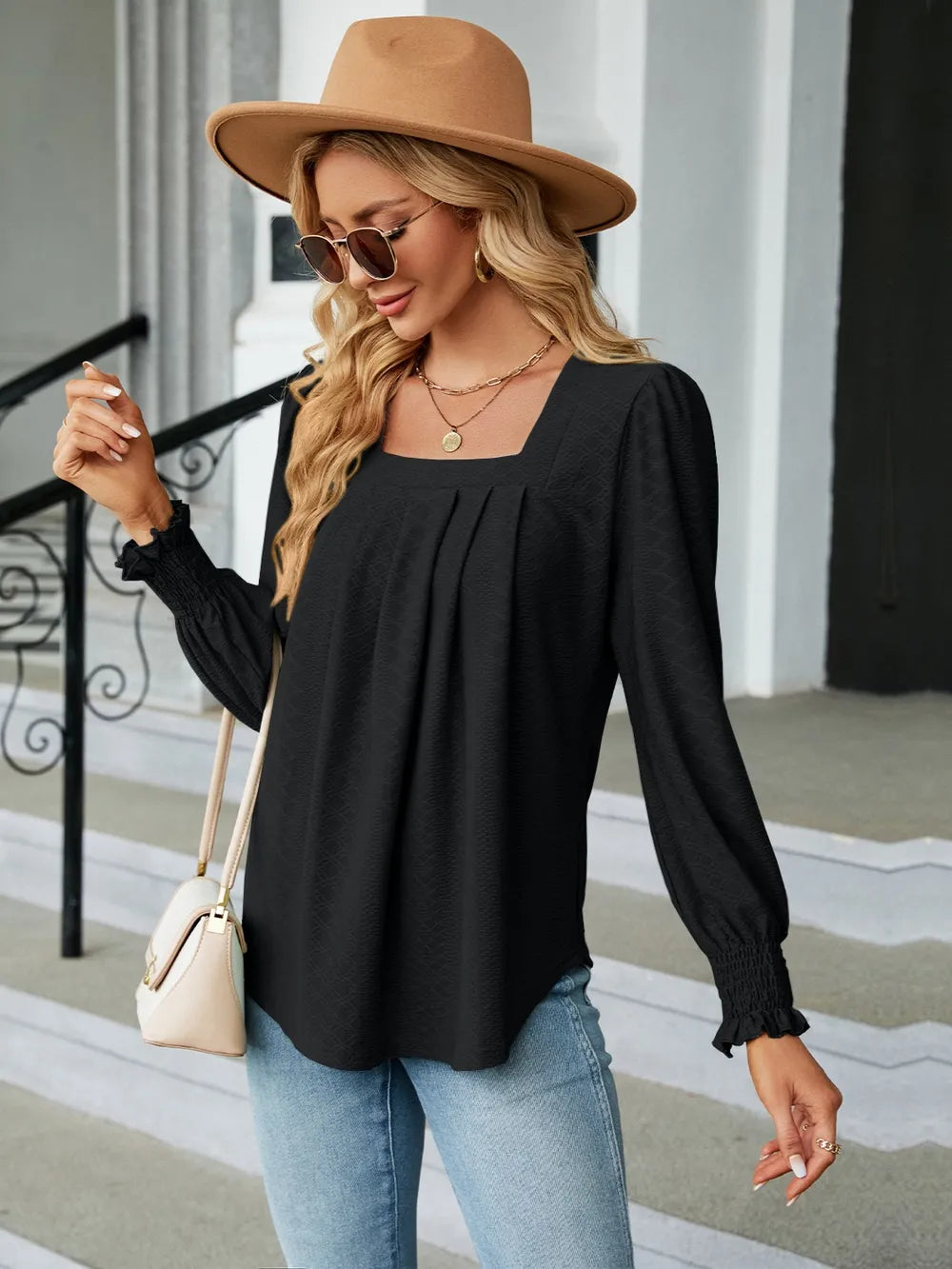 Ruched Square Neck Lantern Sleeve Blouse