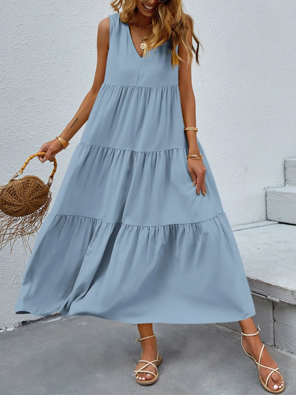 Tiered V-Neck Sleeveless Dress