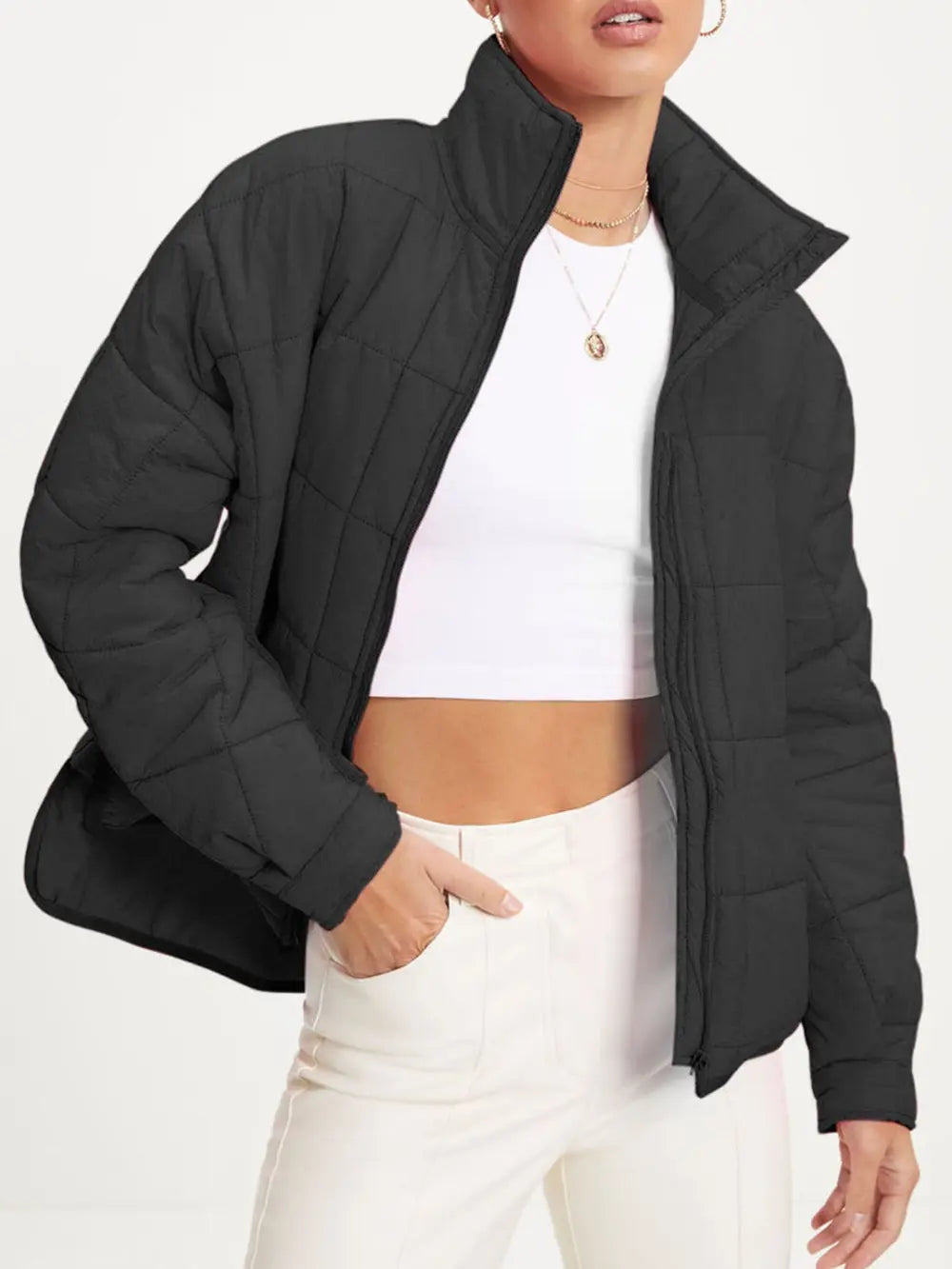 Zip Up Collared Neck Long Sleeve Jacket