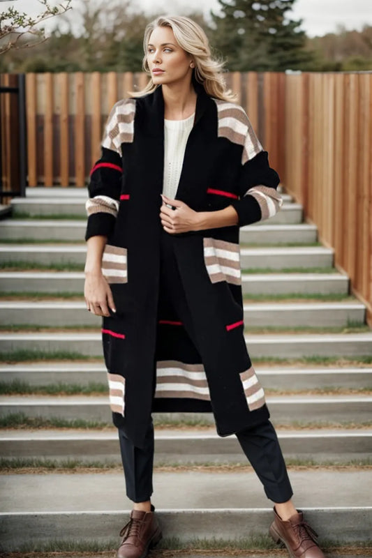 Striped Open Front Long Sleeve Longline Sweater Cardigan