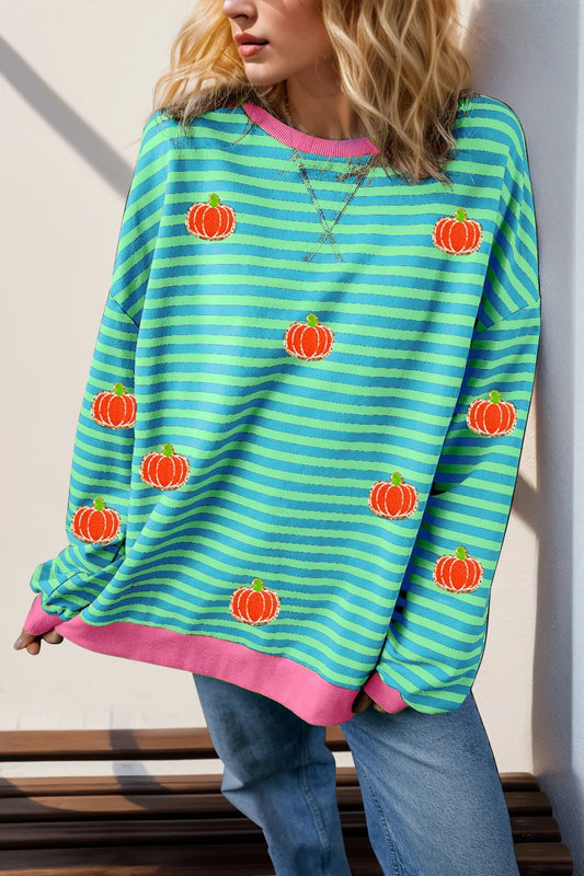 Double Take Full Size Pumpkin Pattern Striped T-Shirt