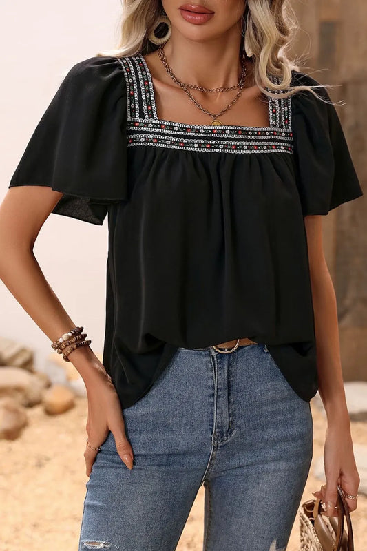 Contrast Square Neck Puff Sleeve Blouse