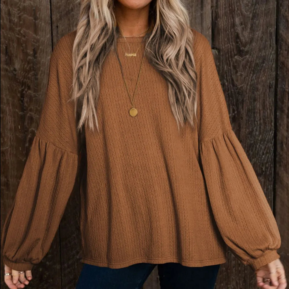 Round Neck Long Sleeve Ruched Blouse