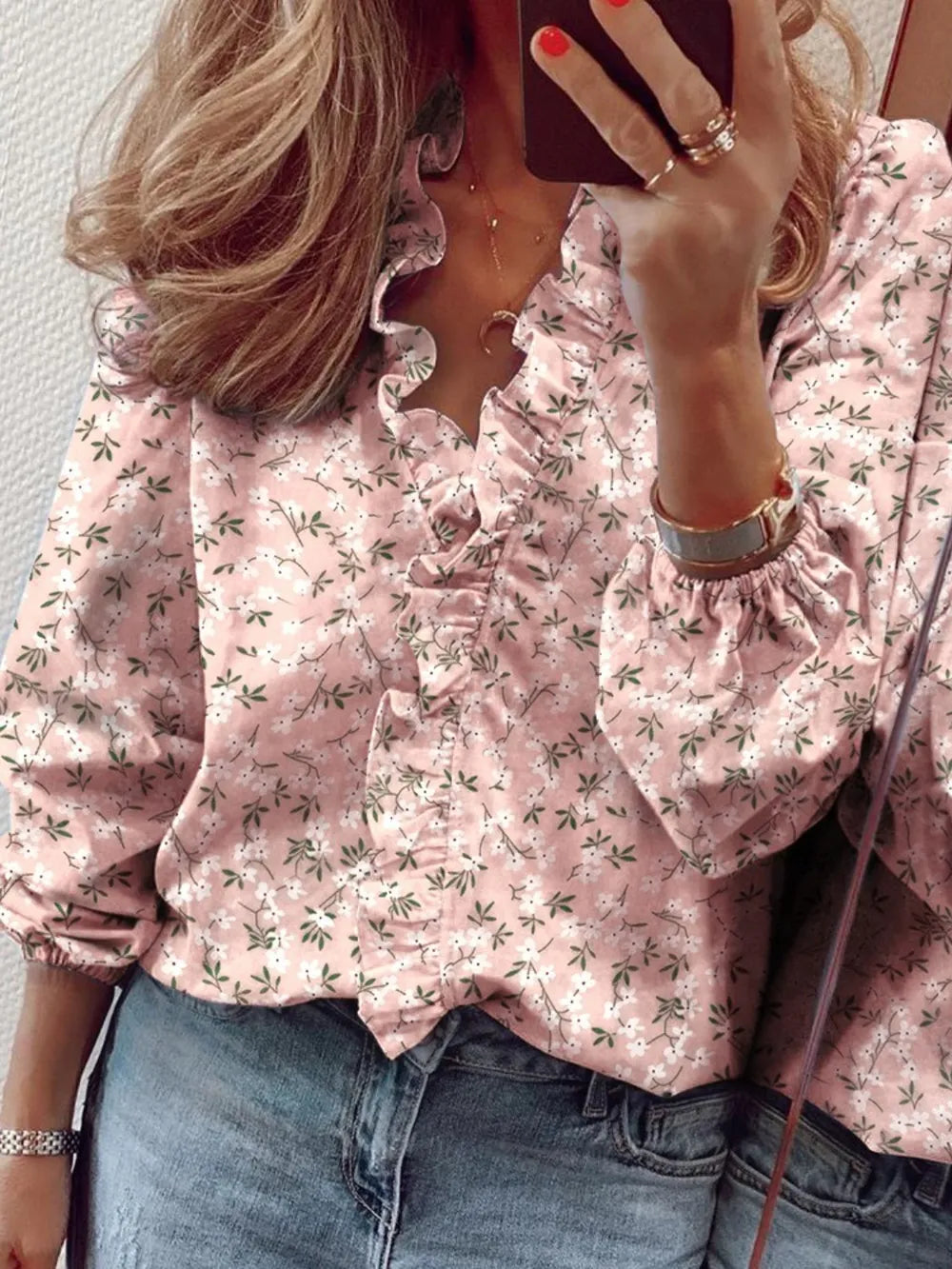 Ruffled Printed V-Neck Long Sleeve Blouse