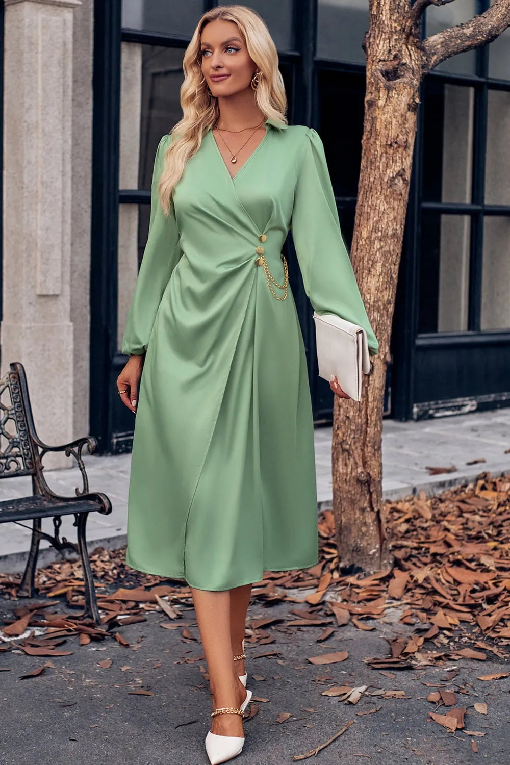 Surplice Neck Puff Sleeve Midi Dress