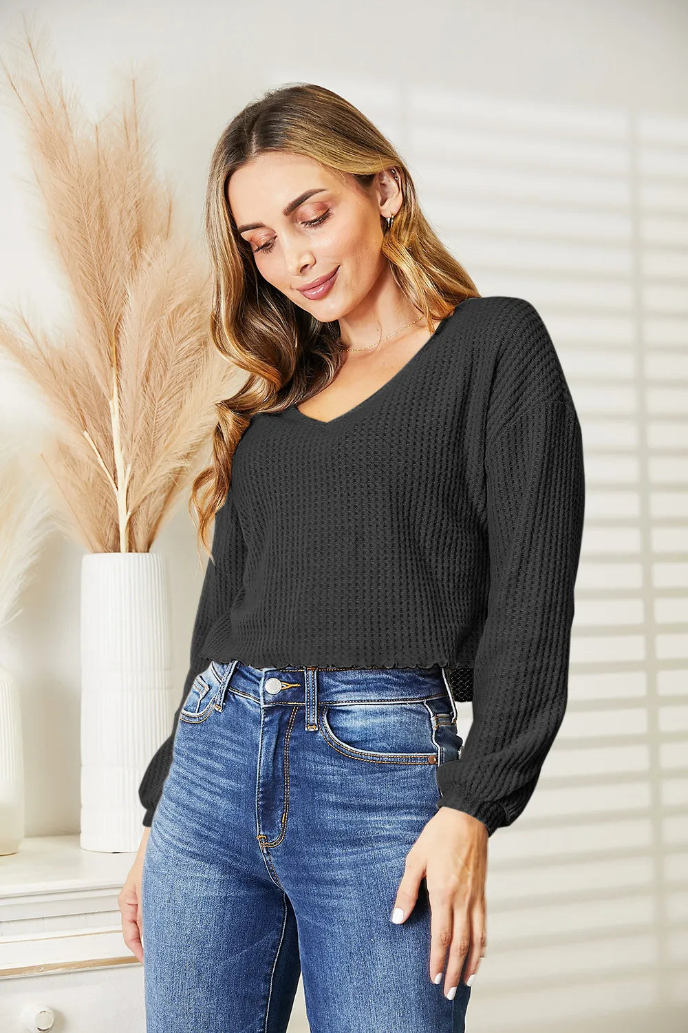 Full Size Waffle-Knit V-Neck Blouse