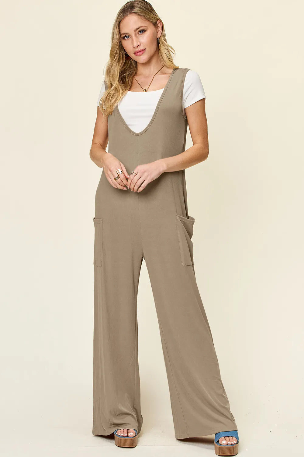 Double Take Full Size Sleeveless Wide Leg Jumpsuit with Pockets