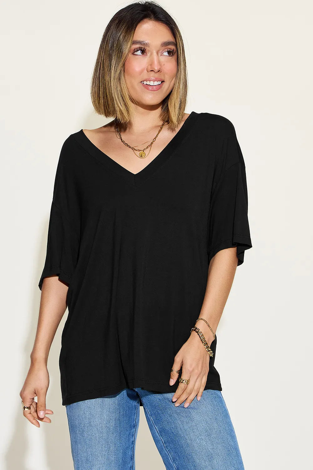 Basic Full Size Bamboo V-Neck Drop Shoulder T-Shirt