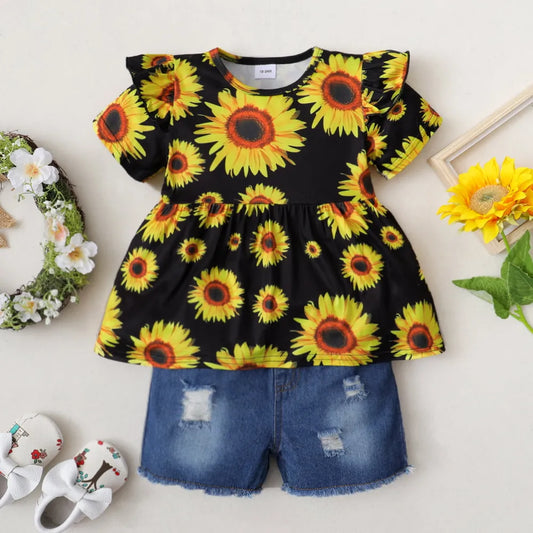 Sunflower Print Top and Distressed Denim Shorts Set