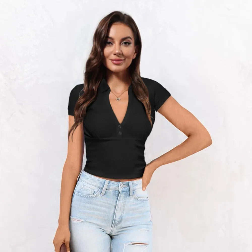 Buttoned Johnny Collar Short Sleeve Top