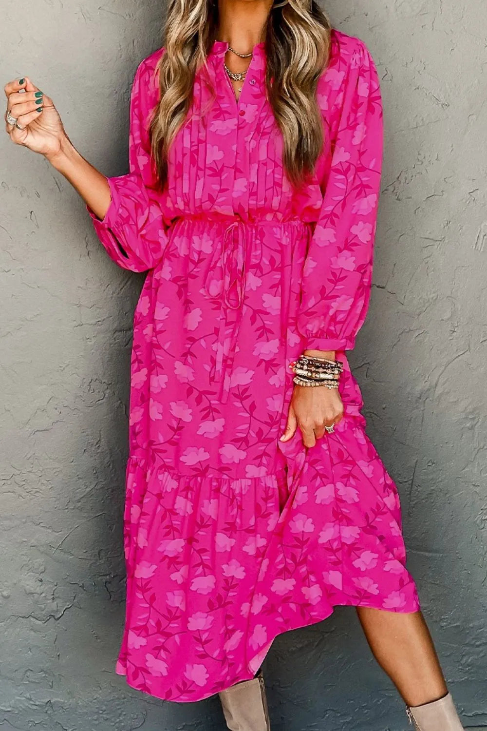 Ruched Printed Long Sleeve Dress