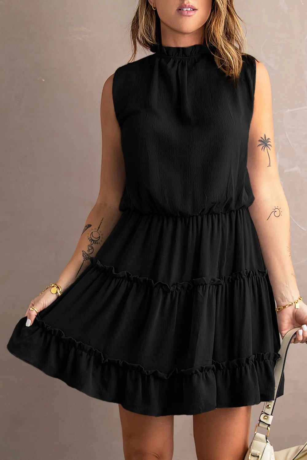 Tie Neck Frill Trim Sleeveless Mini Dress