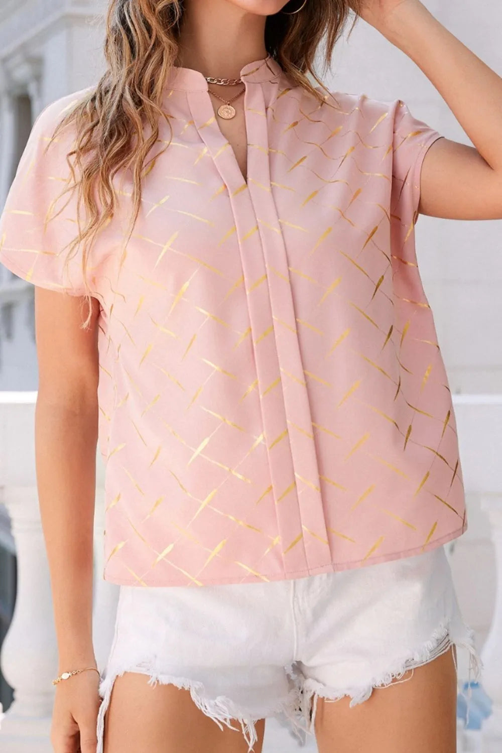 Printed Notched Short Sleeve Blouse