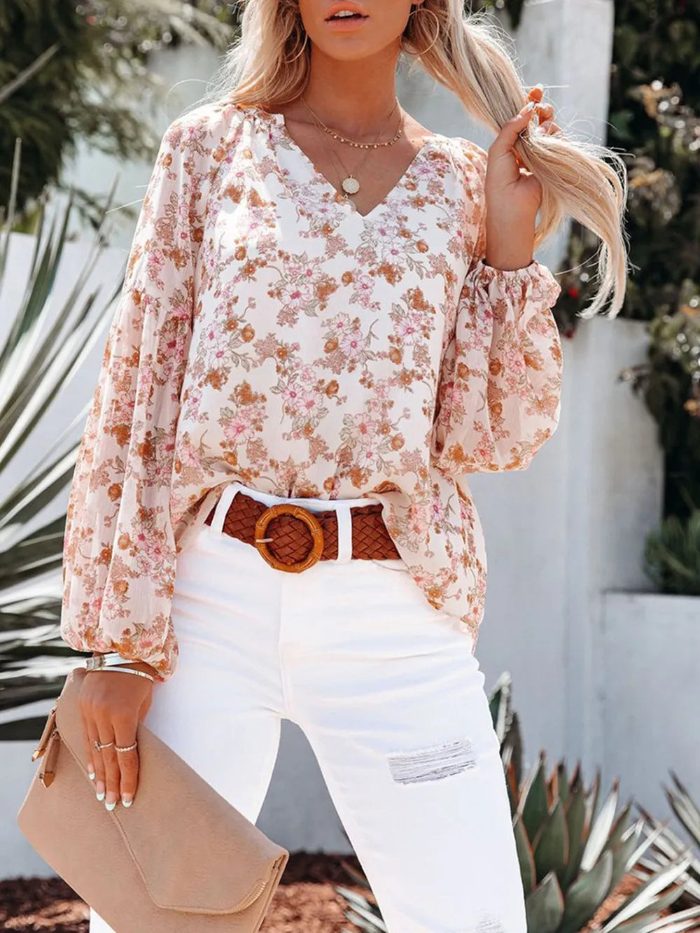 Floral Notched Balloon Sleeve Blouse