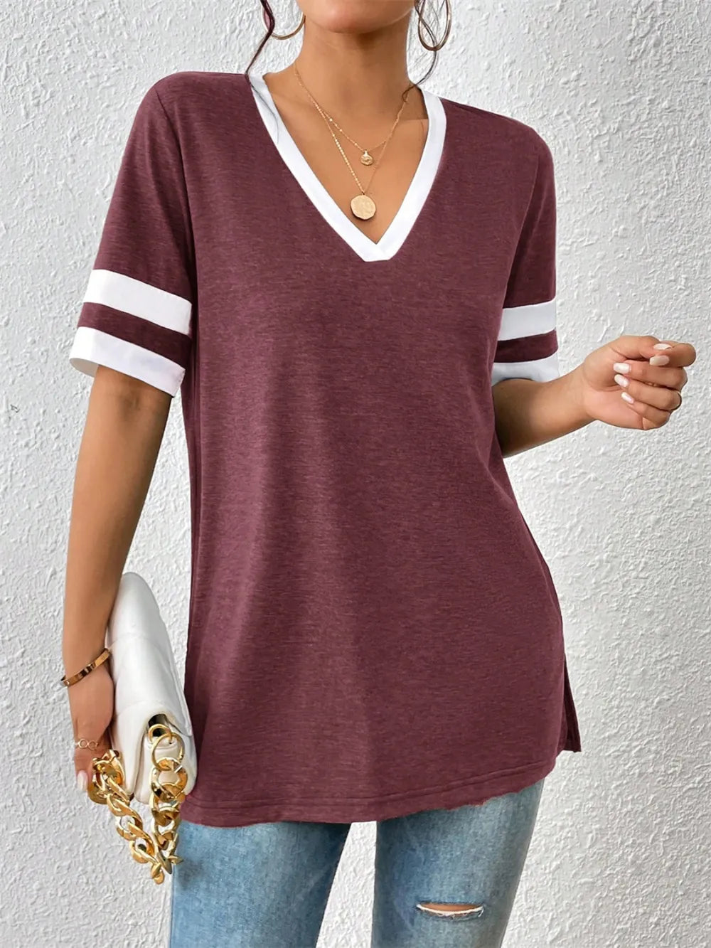 Contrast Trim V-Neck Short Sleeve T-Shirt