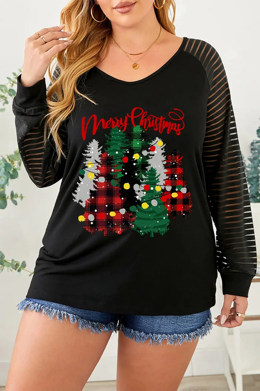 Plus Size Christmas Tree Striped Round Neck T-Shirt