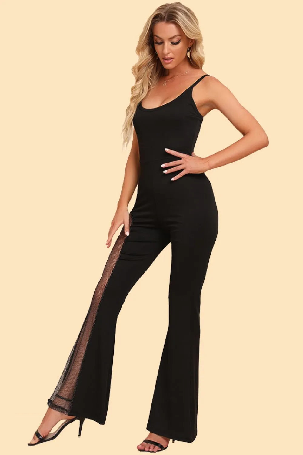 Spliced Mesh Spaghetti Strap Jumpsuit