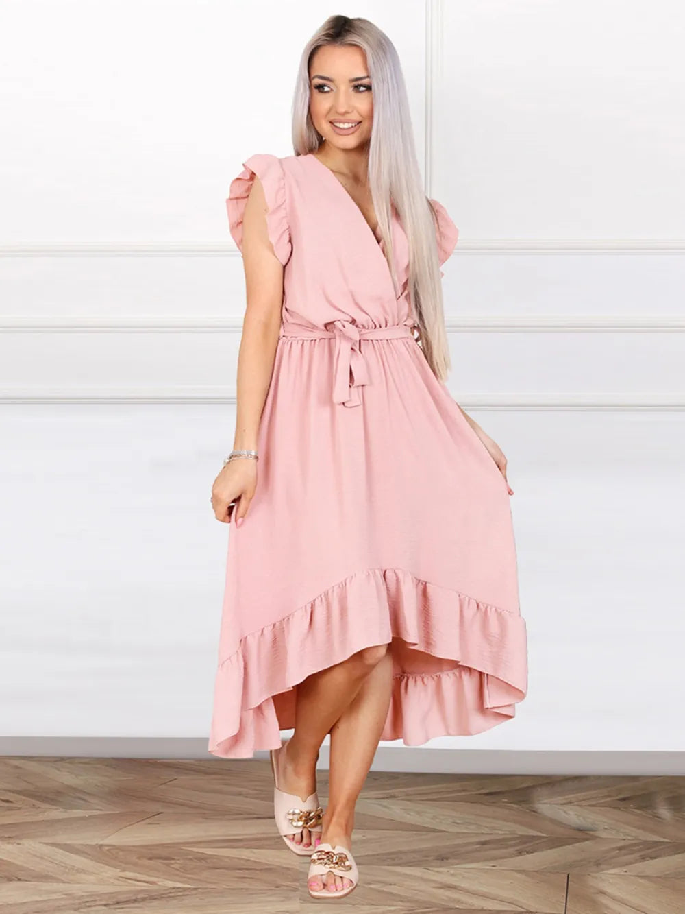 Tied Surplice Ruffle Hem Dress