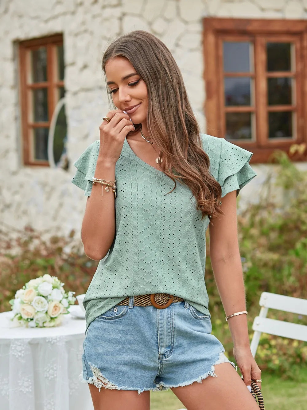 Eyelet V-Neck Short Sleeve Blouse