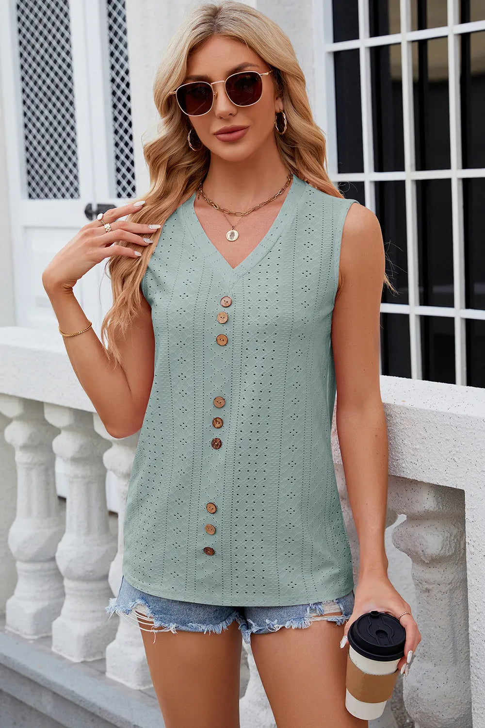 Decorative Button Eyelet V-Neck Tank