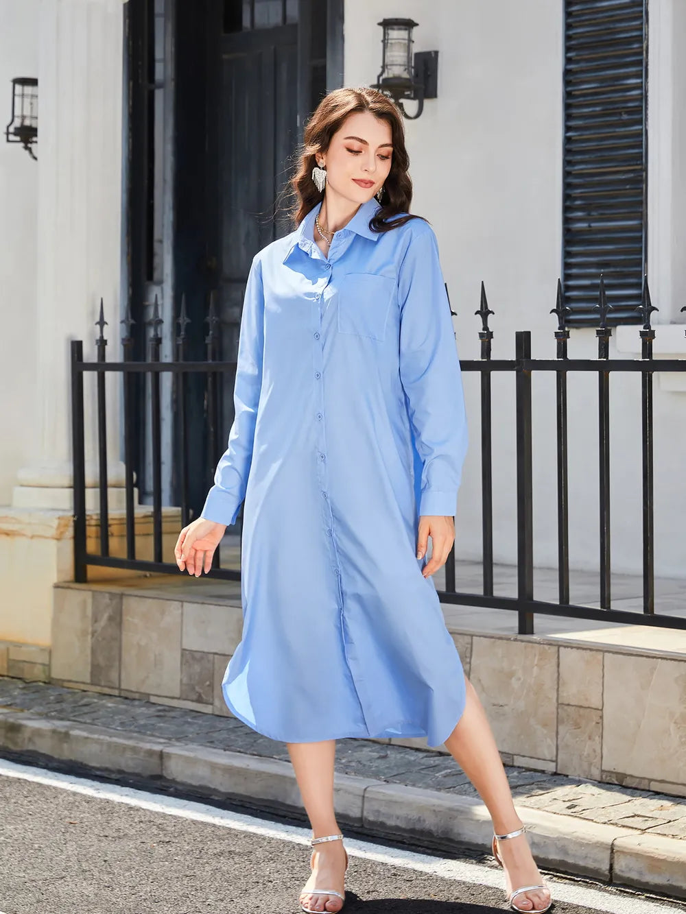 Long Sleeve Side Slit Midi Shirt Dress