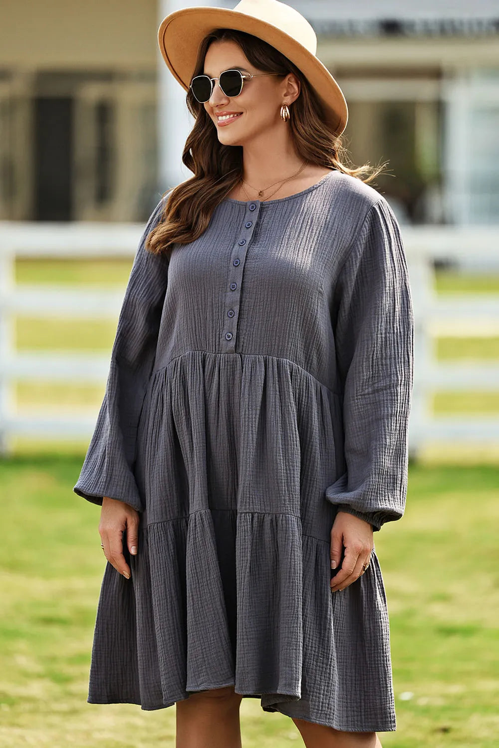 Plus Size Textured Balloon Sleeve Tiered Dress