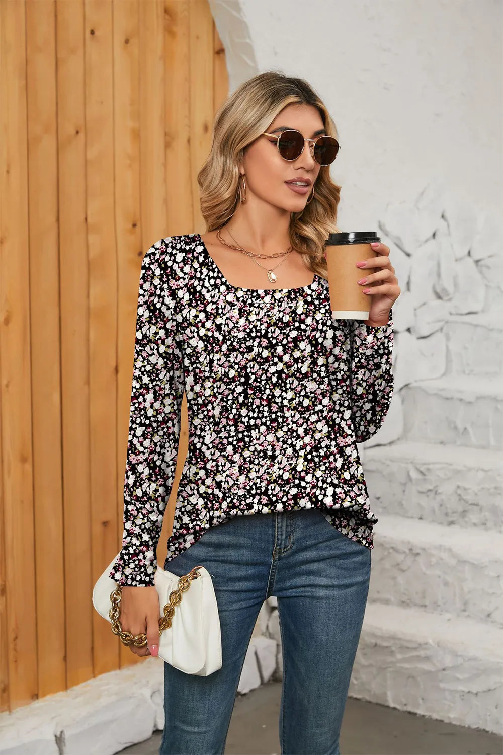 Printed Square Neck Long Sleeve Blouse